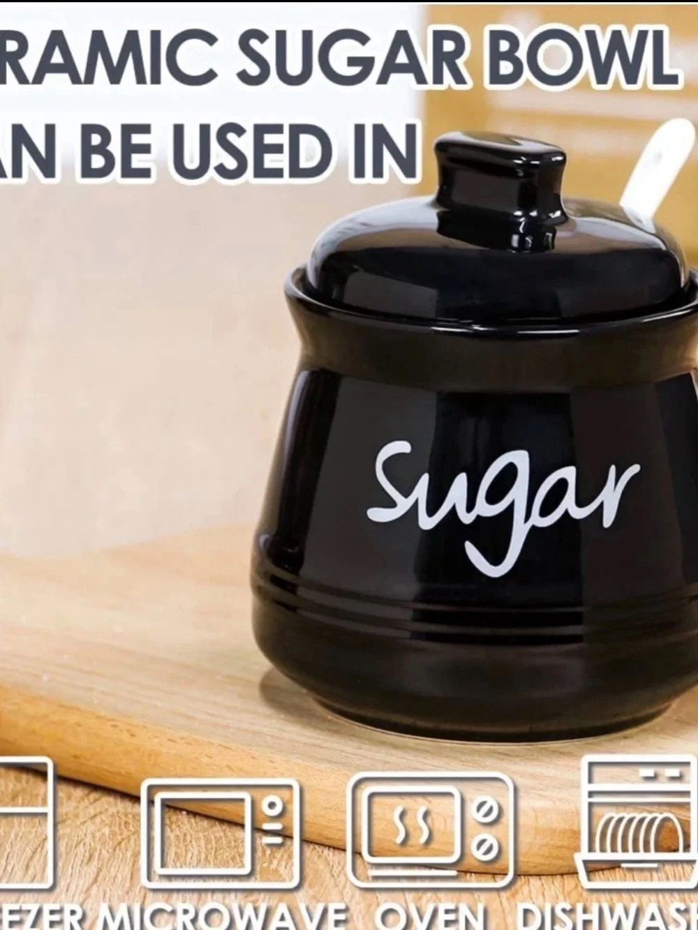 Swetwiny 12oz Black Porcelain Sugar Bowl with Lid – Ceramic Kitchen Storage Con